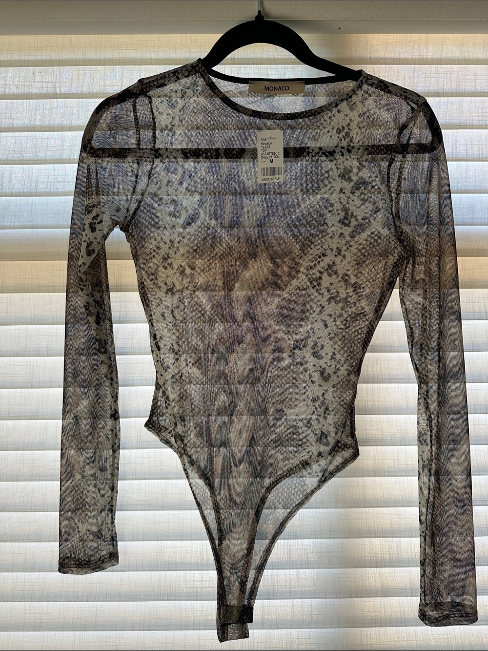 Monaco Sheer Snake-Print Long Sleeve Bodysuit in Gray and Black
